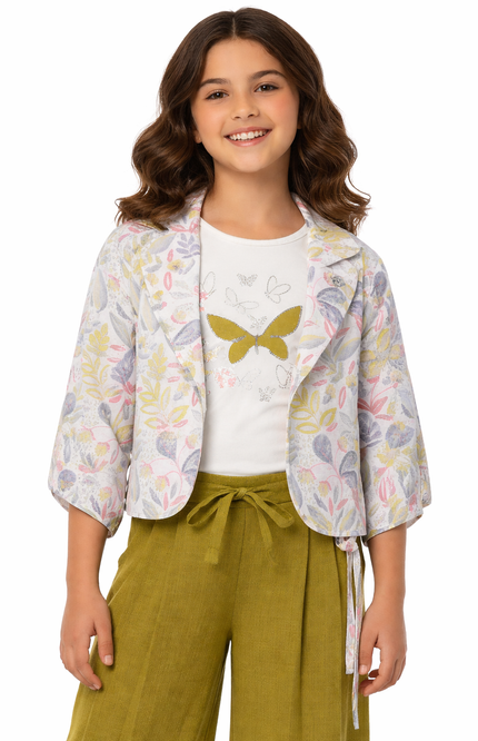 Kids' 3-Piece Botanical Co-ord – Olive Trousers, Patterned Shrug, and Sparkle Butterfly Top