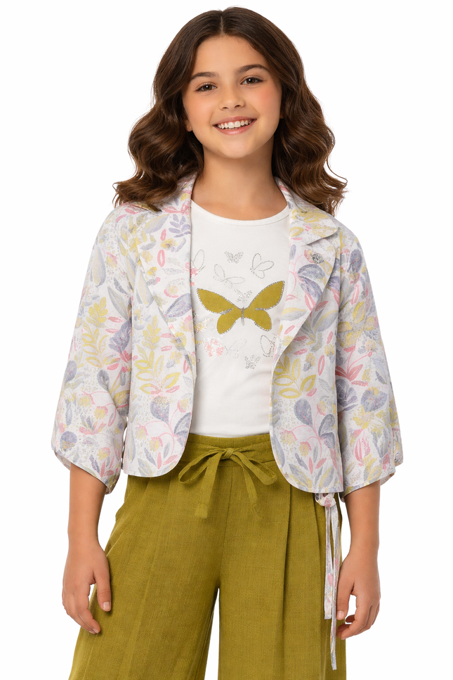 Kids' 3-Piece Botanical Co-ord – Olive Trousers, Patterned Shrug, and Sparkle Butterfly Top