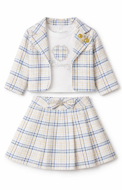 Kids' 3-Piece Pastel Tweed Co-ord – Pleated Mini Skirt, Structured Blazer, and Sparkle Heart Top