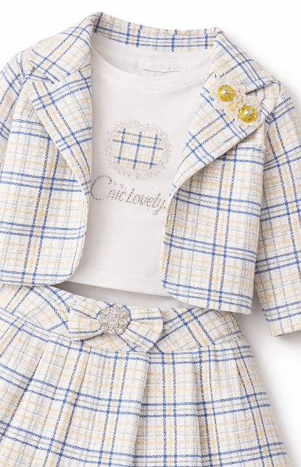 Kids' 3-Piece Pastel Tweed Co-ord – Pleated Mini Skirt, Structured Blazer, and Sparkle Heart Top