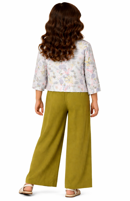 Kids' 3-Piece Botanical Co-ord – Olive Trousers, Patterned Shrug, and Sparkle Butterfly Top