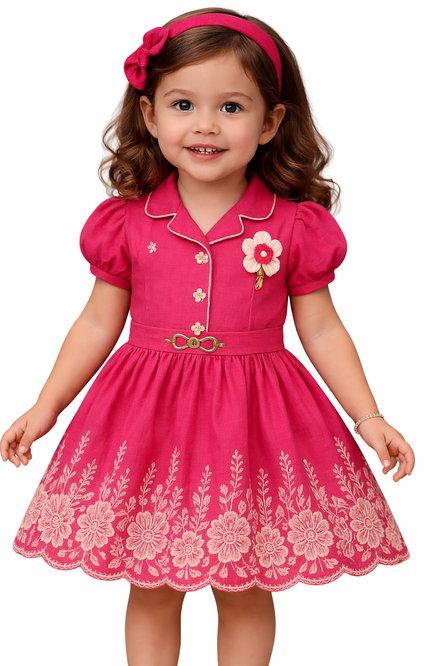 Girls' Rose Red Puff Sleeve Dress with Floral Embroidery and Scalloped Hem