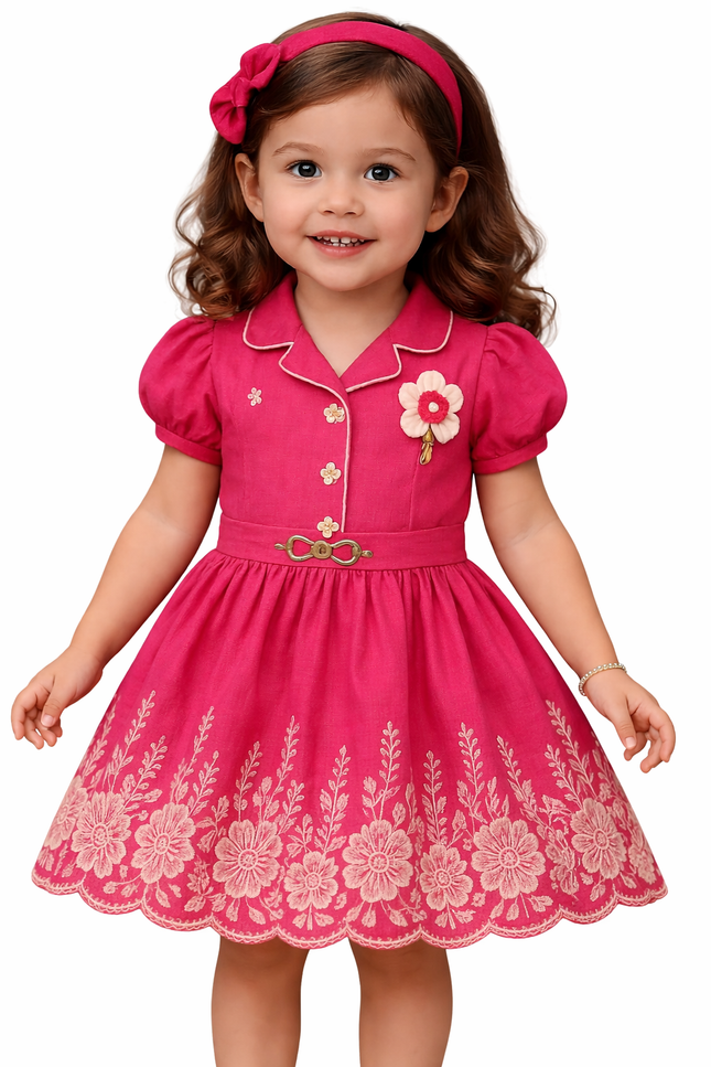 Girls' Rose Red Puff Sleeve Dress with Floral Embroidery and Scalloped Hem