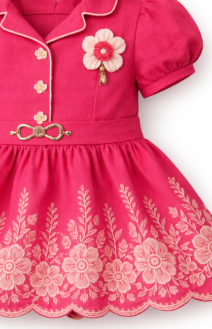 Girls' Rose Red Puff Sleeve Dress with Floral Embroidery and Scalloped Hem