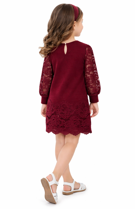 Kids' Deep Burgundy Festive Lace Dress – Elegant Floral Embellished Sheath Dress with Sheer Sleeves