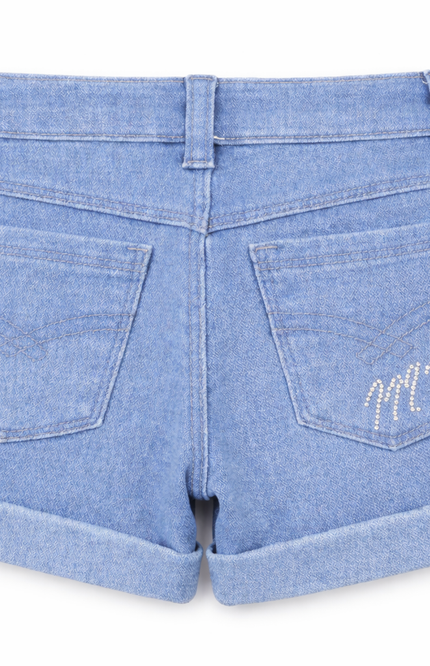 Girls' Denim Cuff Shorts with Rhinestone Bow