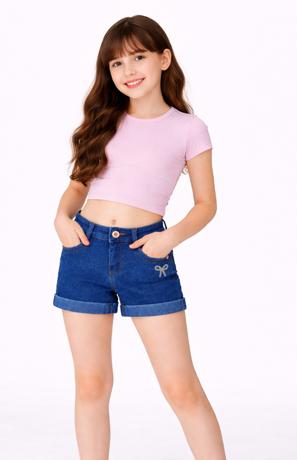 Girls' Denim Cuff Shorts with Rhinestone Bow
