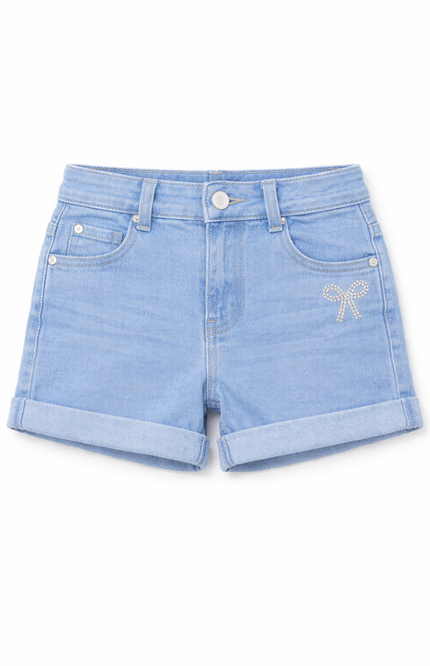 Girls' Denim Cuff Shorts with Rhinestone Bow