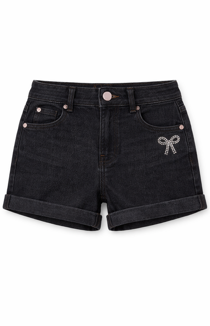 Girls' Denim Cuff Shorts with Rhinestone Bow