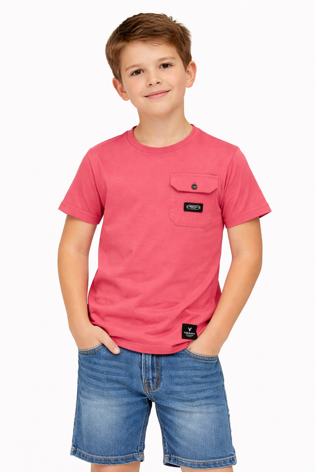 Boys' Dusty Rose Cotton T-Shirt with Buttoned Flap Pocket