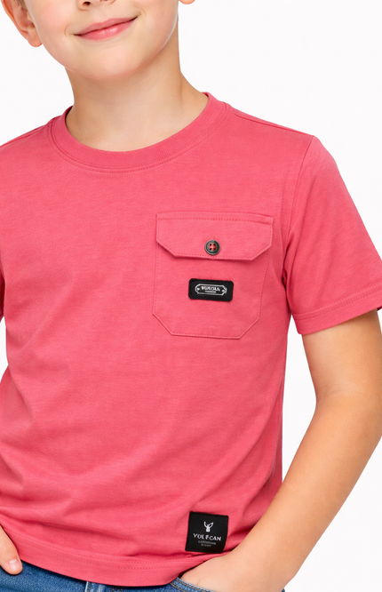 Boys' Dusty Rose Cotton T-Shirt with Buttoned Flap Pocket