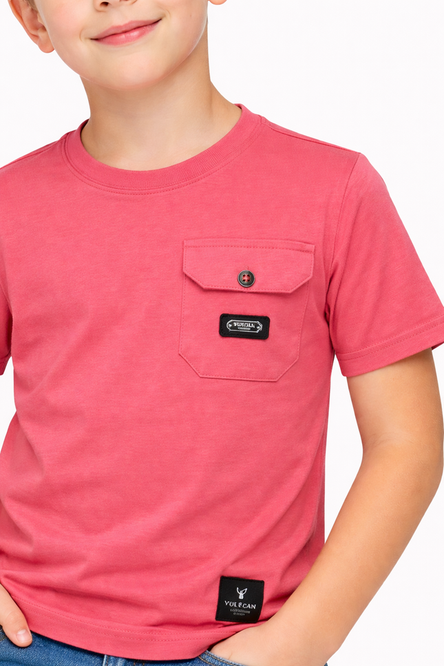 Boys' Dusty Rose Cotton T-Shirt with Buttoned Flap Pocket