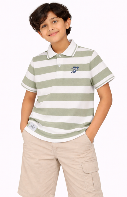 Boys' Pista Green & White Striped Waffle Polo