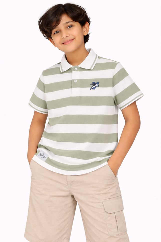 Boys' Pista Green & White Striped Waffle Polo