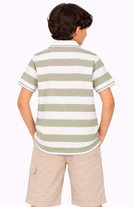 Boys' Pista Green & White Striped Waffle Polo