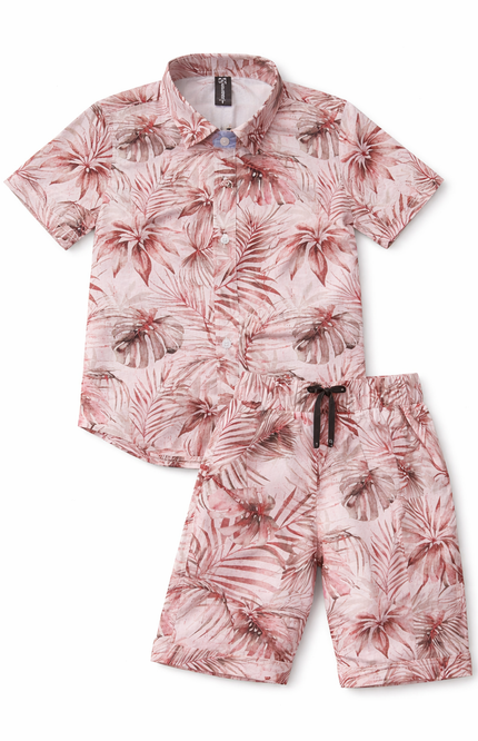 Kids' Dusty Rose Floral Summer Set – Short Sleeve Resort Shirt & Drawstring Shorts