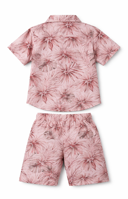 Kids' Dusty Rose Floral Summer Set – Short Sleeve Resort Shirt & Drawstring Shorts