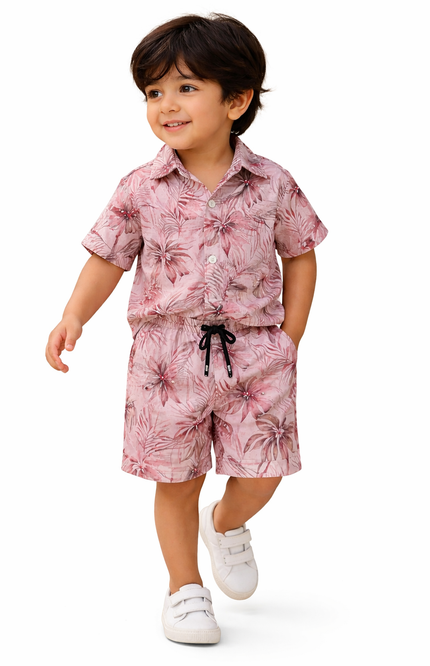 Kids' Dusty Rose Floral Summer Set – Short Sleeve Resort Shirt & Drawstring Shorts