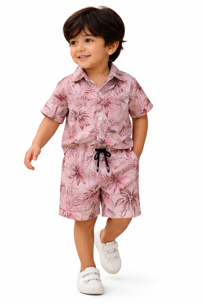 Kids' Dusty Rose Floral Summer Set – Short Sleeve Resort Shirt & Drawstring Shorts