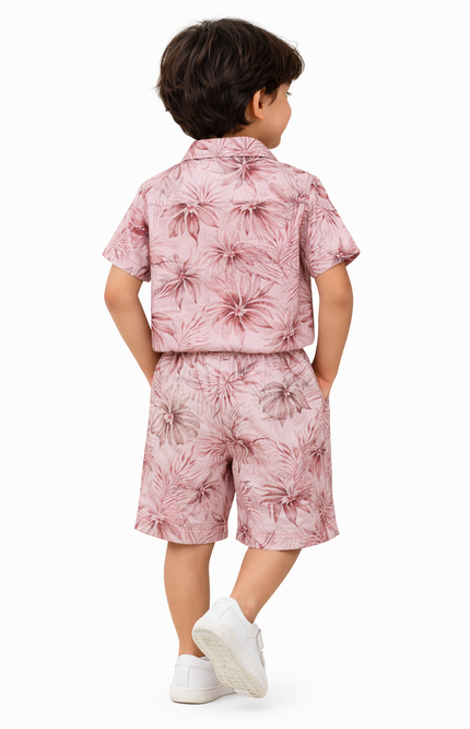 Kids' Dusty Rose Floral Summer Set – Short Sleeve Resort Shirt & Drawstring Shorts