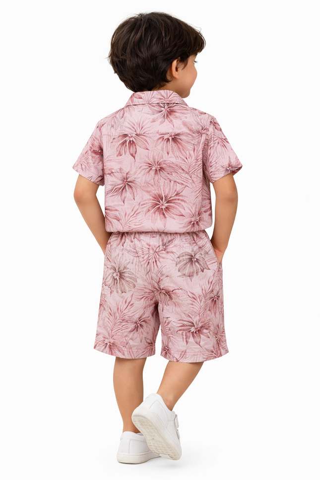 Kids' Dusty Rose Floral Summer Set – Short Sleeve Resort Shirt & Drawstring Shorts