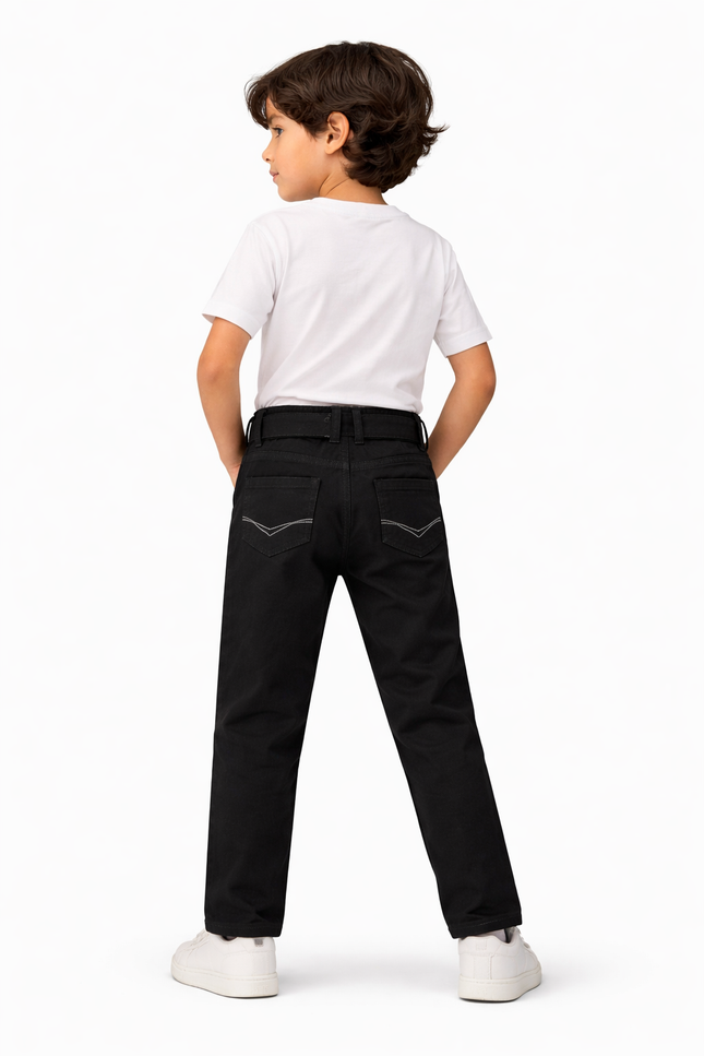 Boys' Jet Black Straight-Fit Utility Trousers with Webbed Belt