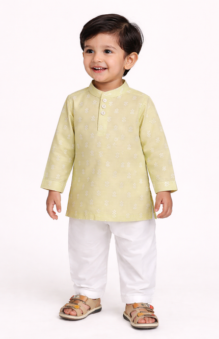 Newborn & Baby Ethnic Festive Set – Soft Lemon Yellow or Pista Green Printed Kurta