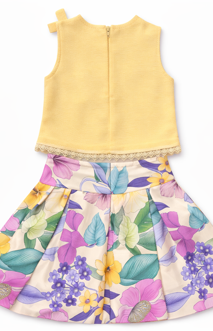 Girls' Yellow Sleeveless Top & Floral Satin Skirt – 2-Piece Party Set