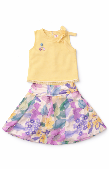 Girls' Yellow Sleeveless Top & Floral Satin Skirt – 2-Piece Party Set