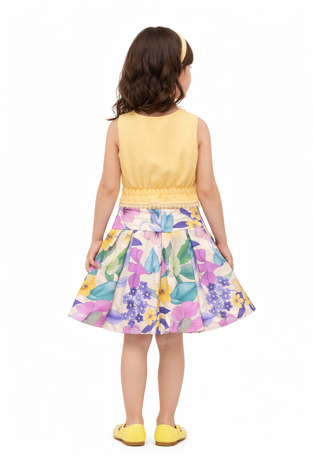 Girls' Yellow Sleeveless Top & Floral Satin Skirt – 2-Piece Party Set