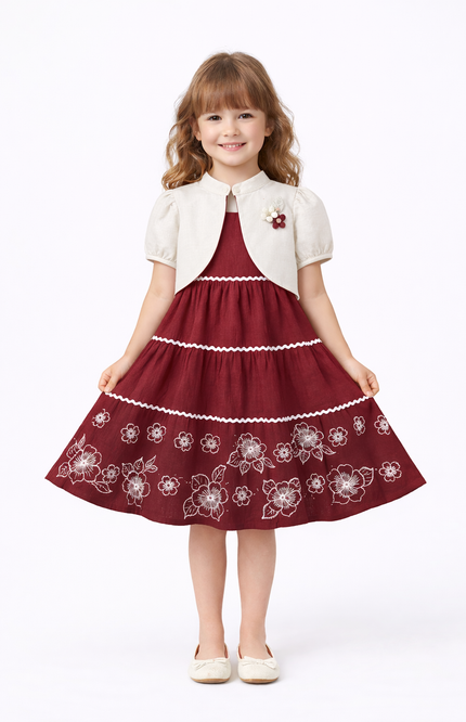 Girls’ Burgundy Tiered Maxi Dress with Cream Bolero Jacket
