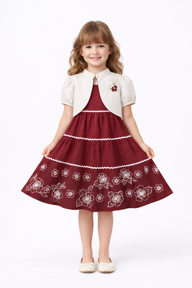 Girls’ Burgundy Tiered Maxi Dress with Cream Bolero Jacket