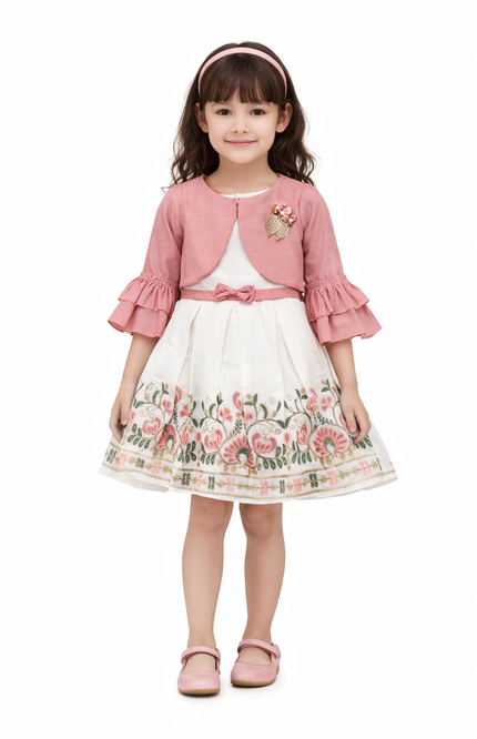 young girl wearing a white muslin party dress with pink floral embroidery and a matching pink ruffled bolero jacket.