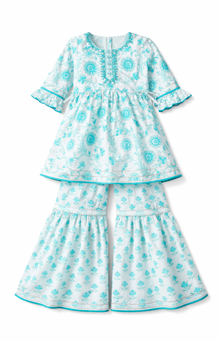 Girls' 100% Cotton Teal Floral Sharara Set with Bell Sleeves