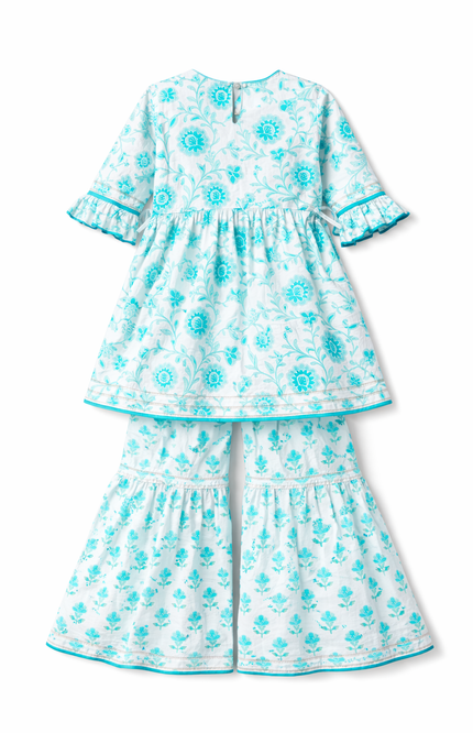 Girls' 100% Cotton Teal Floral Sharara Set with Bell Sleeves