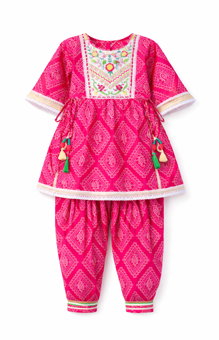 Girls' 100% Cotton Pink Bandhani Print Salwar Suit with Tassels