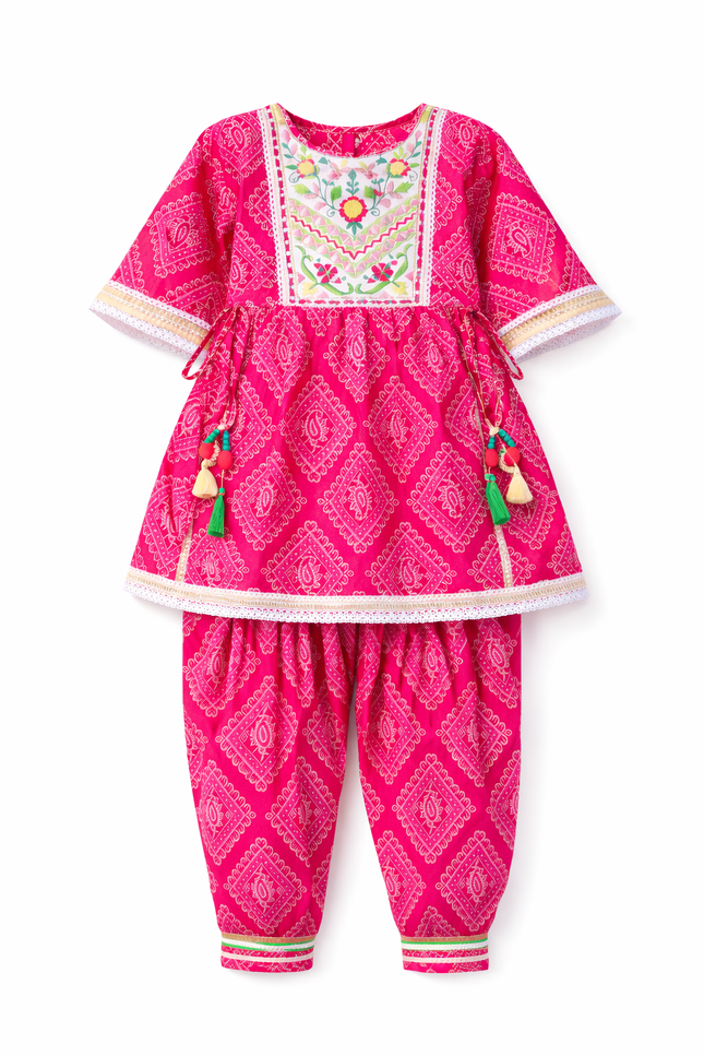 Girls' 100% Cotton Pink Bandhani Print Salwar Suit with Tassels