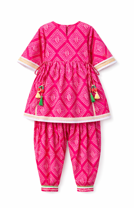 Girls' 100% Cotton Pink Bandhani Print Salwar Suit with Tassels