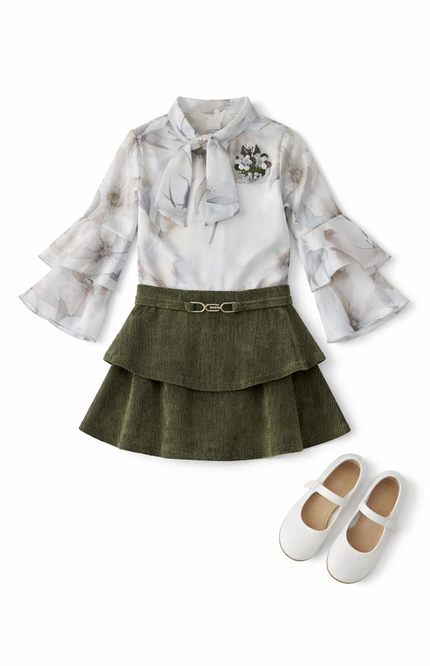 Girls' Floral Satin Blouse and Tiered Corduroy Skirt 2-Piece Set