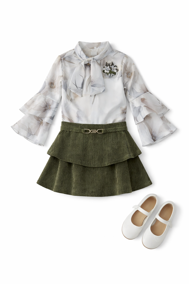 Girls' Floral Satin Blouse and Tiered Corduroy Skirt 2-Piece Set