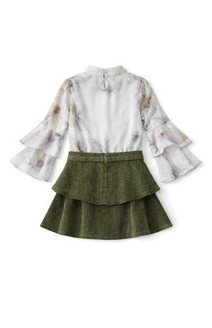 Girls' Floral Satin Blouse and Tiered Corduroy Skirt 2-Piece Set