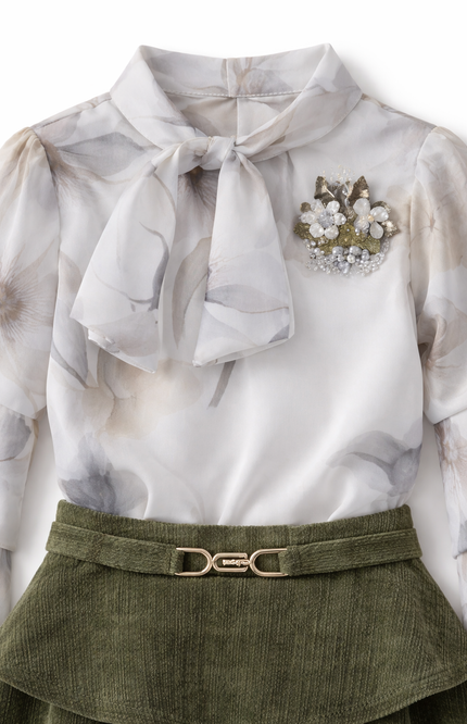 Girls' Floral Satin Blouse and Tiered Corduroy Skirt 2-Piece Set