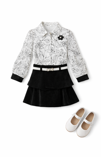 Kids Chic Monochrome Floral Top & Black Tiered Skirt Outfit