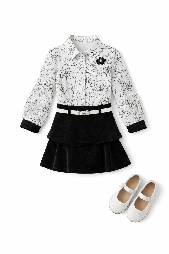 Kids Chic Monochrome Floral Top & Black Tiered Skirt Outfit