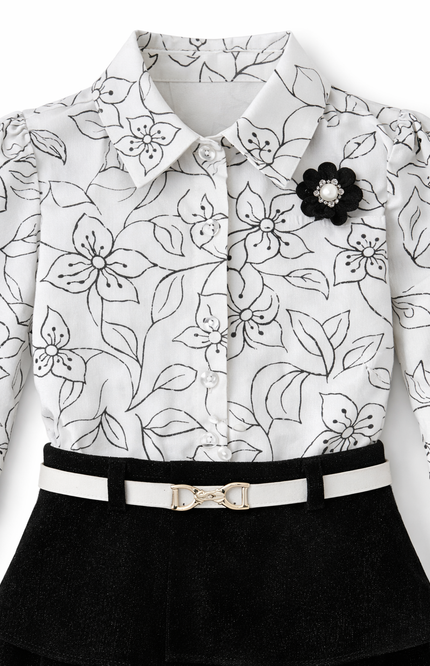 Kids Chic Monochrome Floral Top & Black Tiered Skirt Outfit