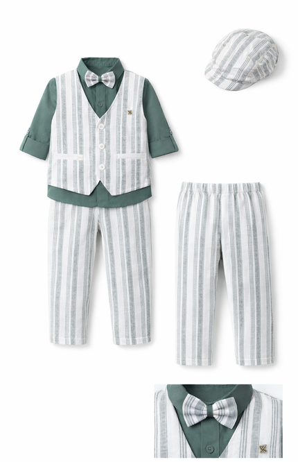 Boys' 4-Piece Cotton-Linen Blend Suit Set with Vest, Shirt, and Bow Tie