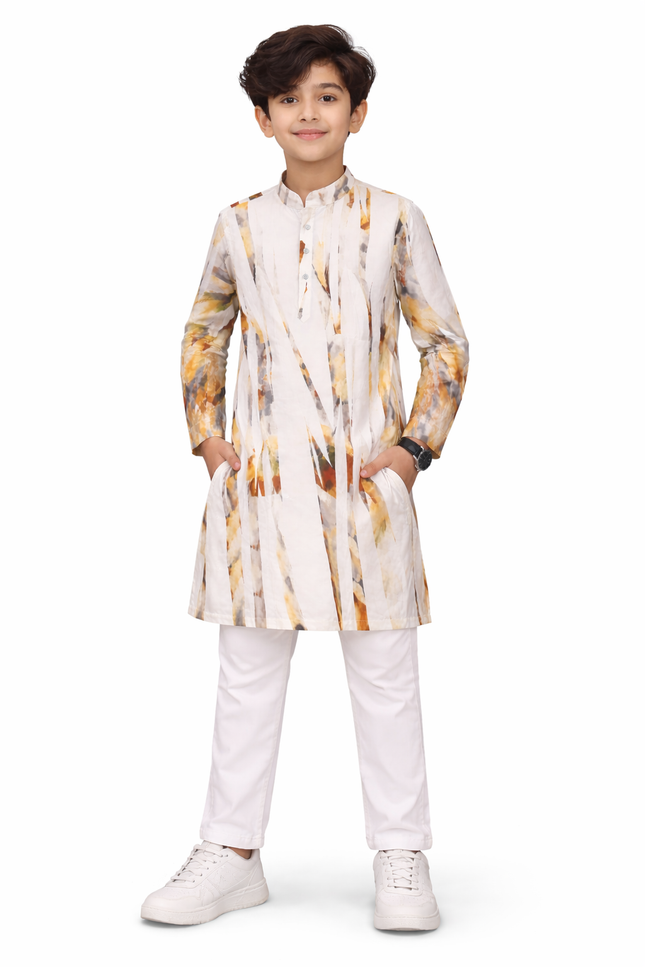 Kids' Designer Mustard Stripe Ethnic Wear – Premium Cotton Celebration Set