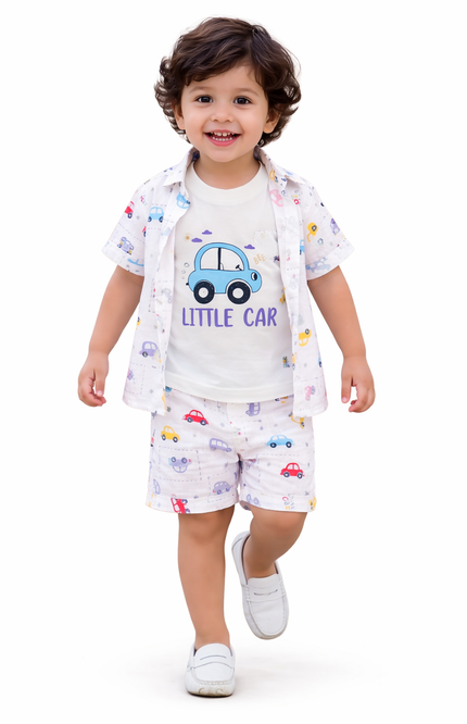 Kids' Summer Adventure Outfit – Printed Button-Down, Graphic Tee & Shorts Set