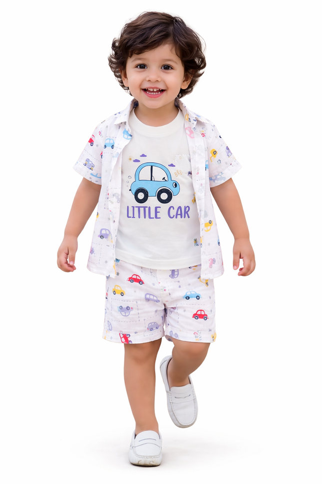 Kids' Summer Adventure Outfit – Printed Button-Down, Graphic Tee & Shorts Set