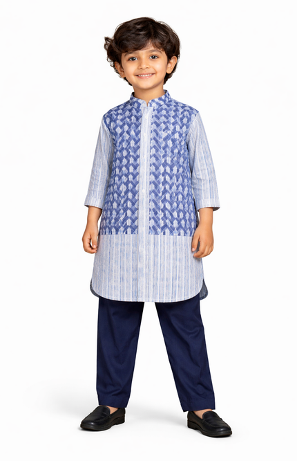 Boys' Indigo Chevron Print 3-Piece Kurta Pajama Set with Waistcoat